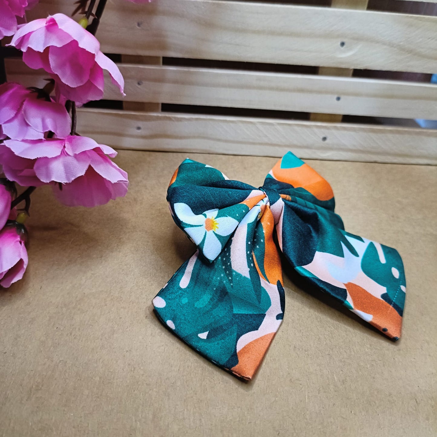 Green Print Satin Bow