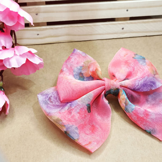 Printed Organza Hair Bow - Peachy Floral