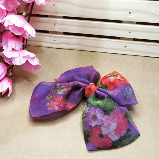 Printed Organza Hair Bow - Purple