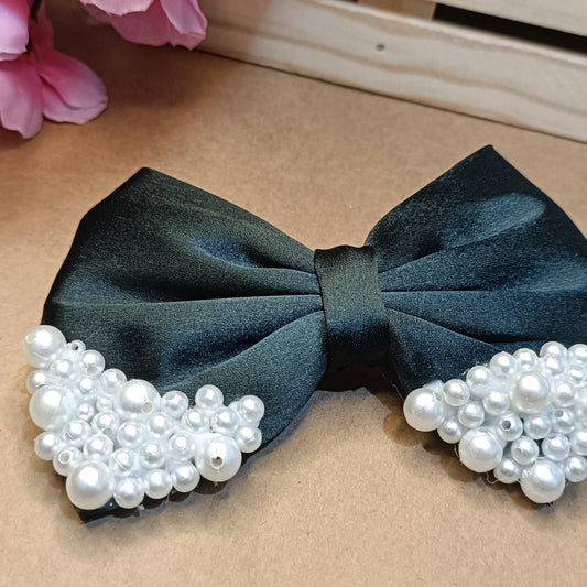 Satin Pearl Bow - Bottle Green