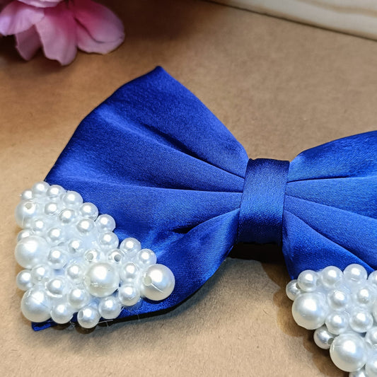 Satin Pearl Bow - Royal Blue