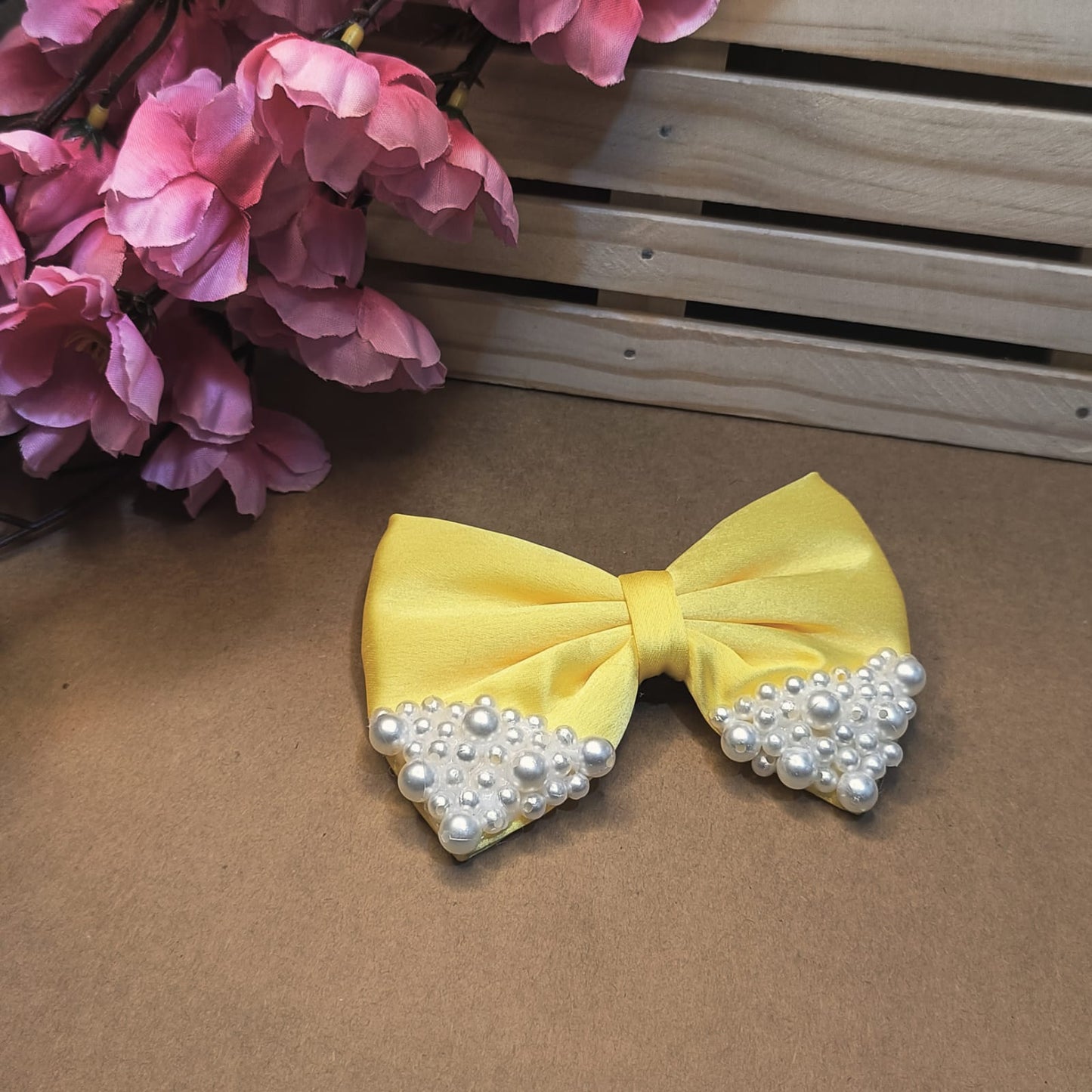 Satin Pearl Bow - Yellow