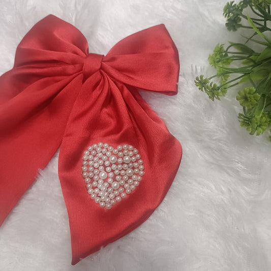 Valentine's Special Red Satin Bow with pearl heart motif